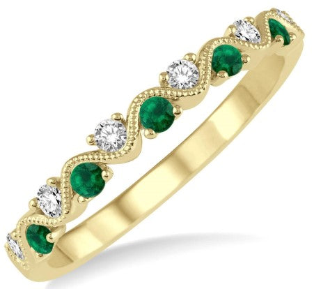 14K YG Diamond & Emerald Alternating Wave Band Main image
