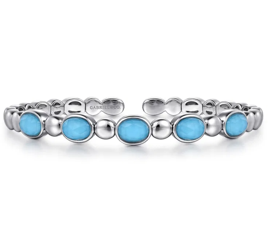 Sterling Silver Rock Crystal & Turquoise Bujukan Bangle by Gabriel NY