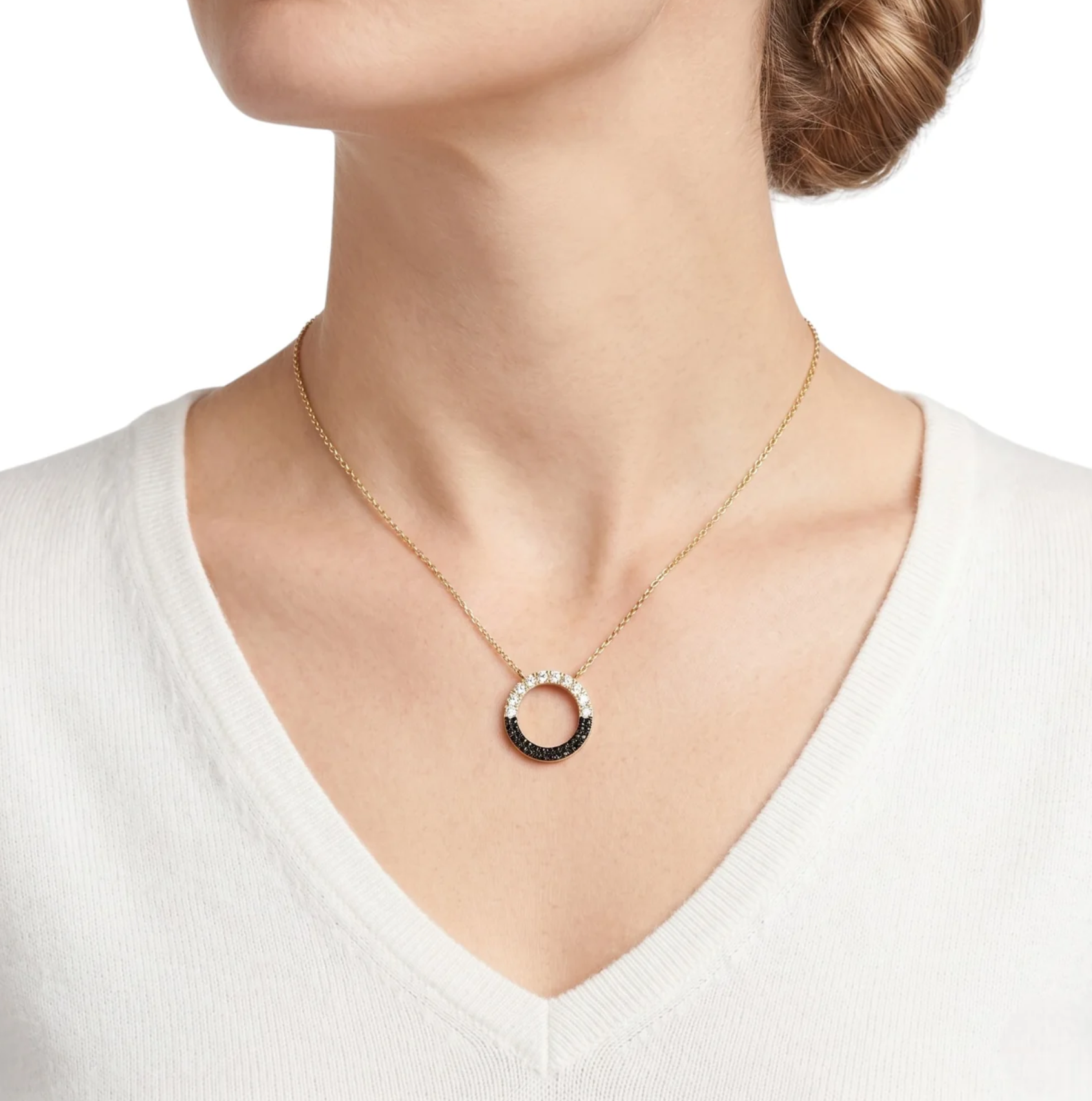 14K Yellow Gold Black & White Diamond Open Circle Pendant Necklace
