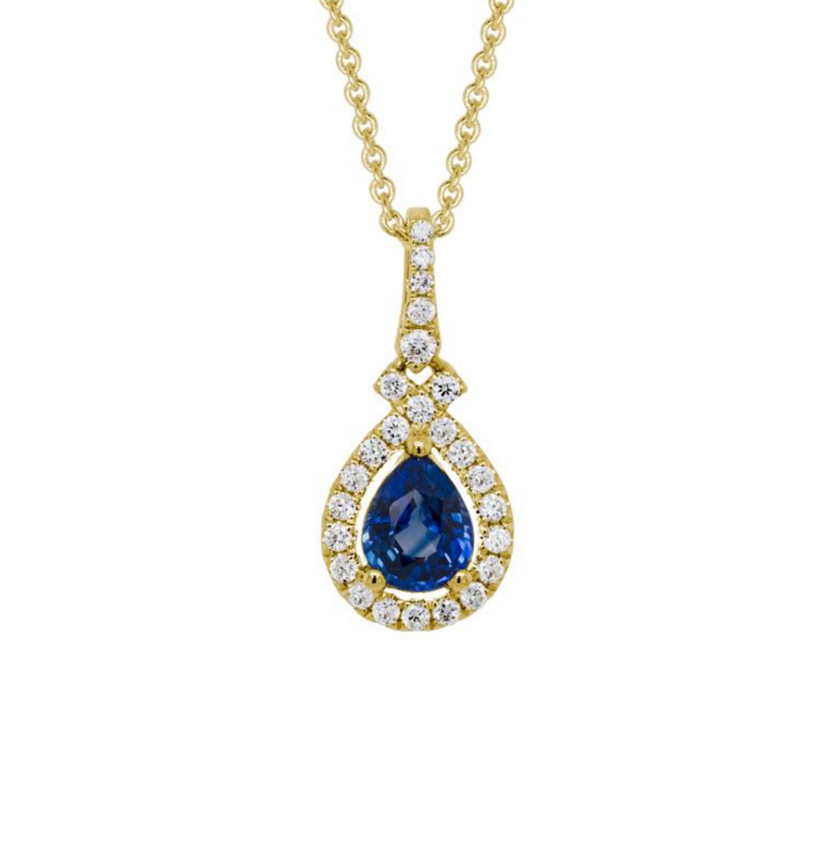 14K Yellow Gold Pear Shape Sapphire & Diamond Halo Pendant Necklace Main image