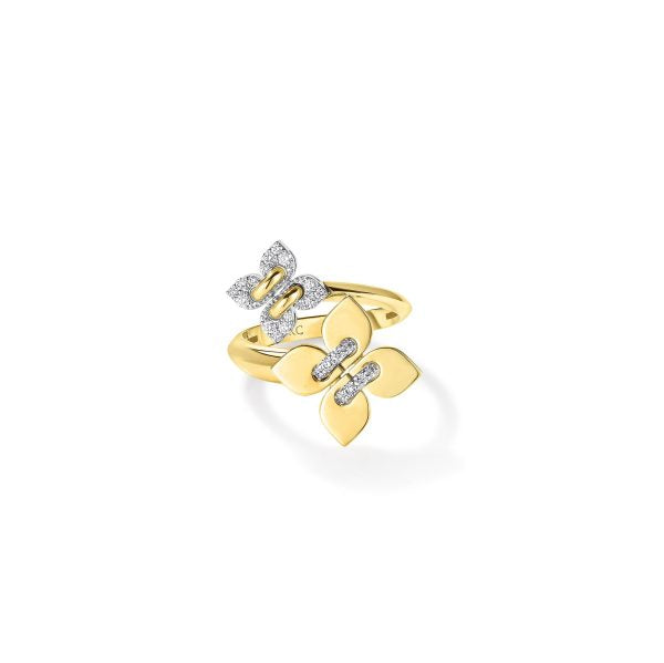 18K Y/WG LOVE IN VERONA PAVE DIAMOND AND POLISHED FINISH DOUBLE FLOWER RING BY ROBERTO COIN Main image