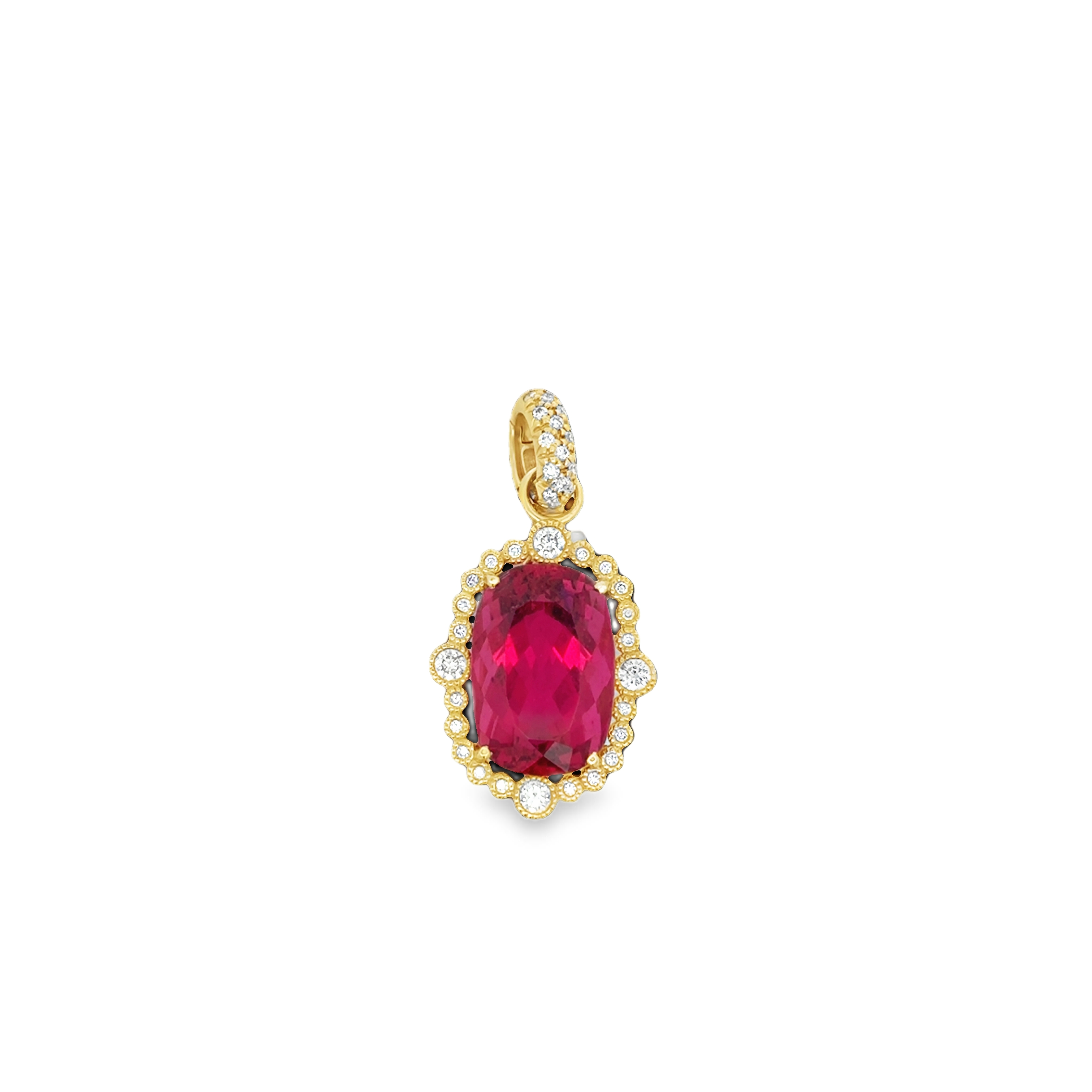 18K YG Lily Pad Rubellite Tourmaline Pendant w Diamond Enhancer by Erica Courtney