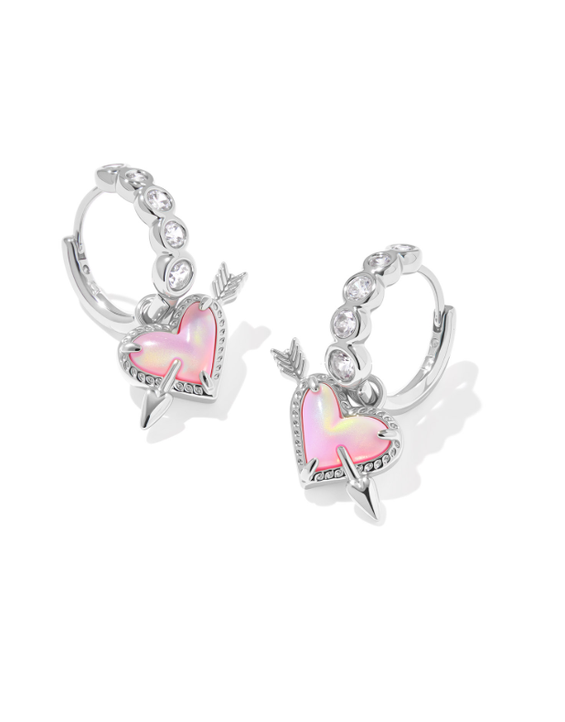Rhodium Plated Ari Heart Arrow Huggies in Pink Opalescent Resin by Kendra Scott