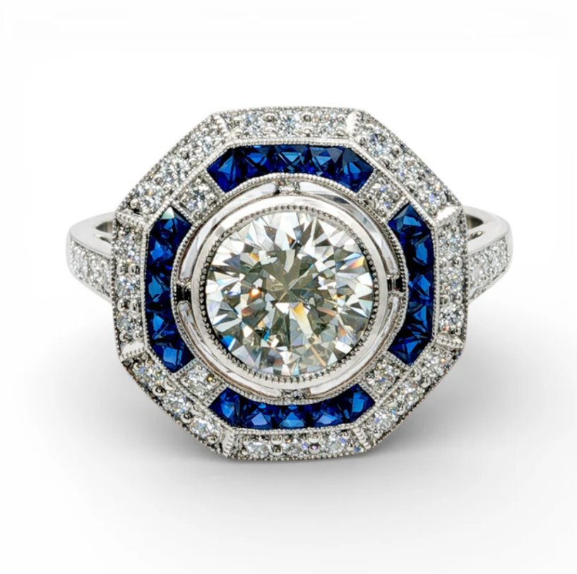 Platinum Diamond & Sapphire Vintage Style Halo Engagement Ring Main image