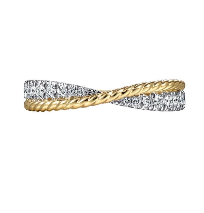 14K Two-Tone Criss Cross Diamond Band with Twisted Rope Detail by Gabriel NY