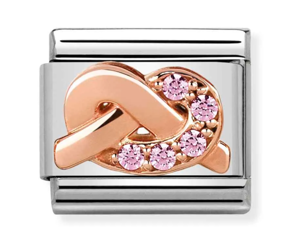 Stainless Steel & 9K Rose Gold Love Knot Charm with Pink CZ