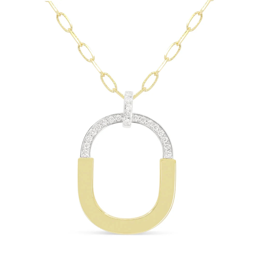 14K Two-Tone Diamond Oval Lock Pendant Necklace