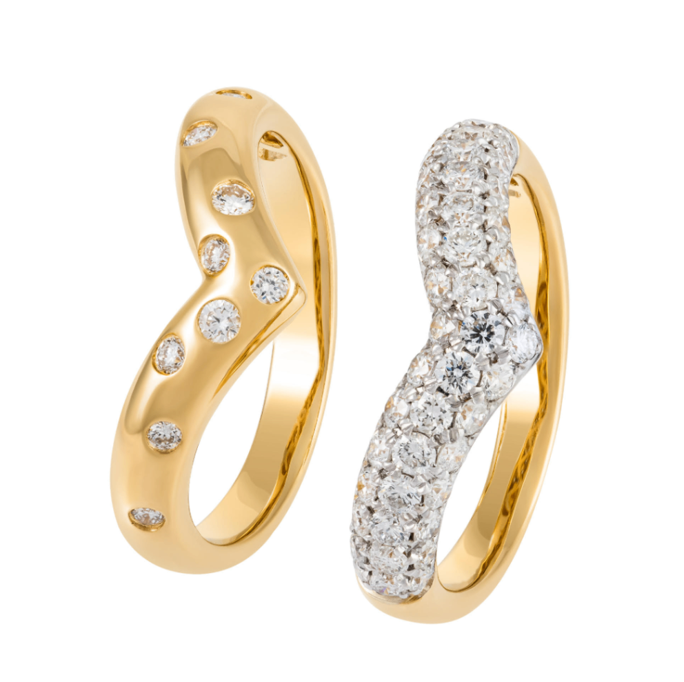 18K Yellow Gold Puff Chevron Pave & Flush Set Diamond Stackable Ring Set