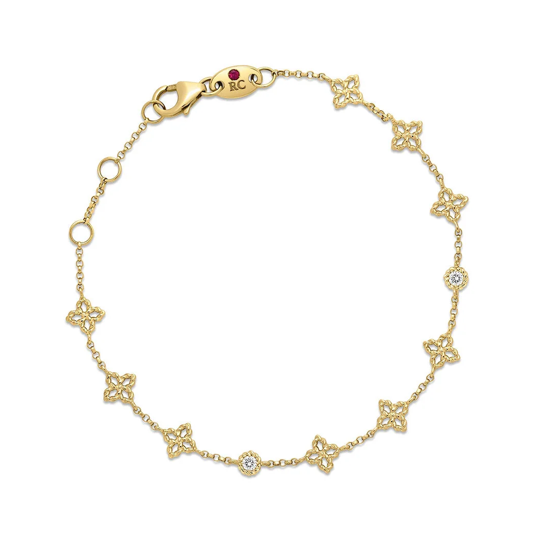 18K Yellow Gold Diamond Station Princess Flower Bracelet by Roberto Coin