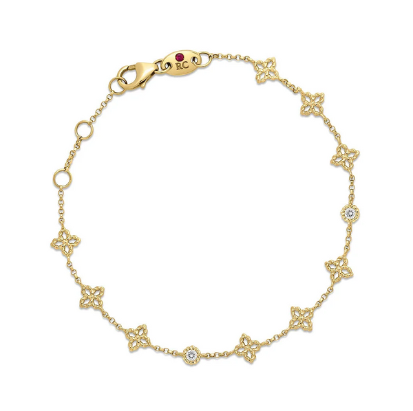 18K Yellow Gold Diamond Station Princess Flower Bracelet by Roberto Coin