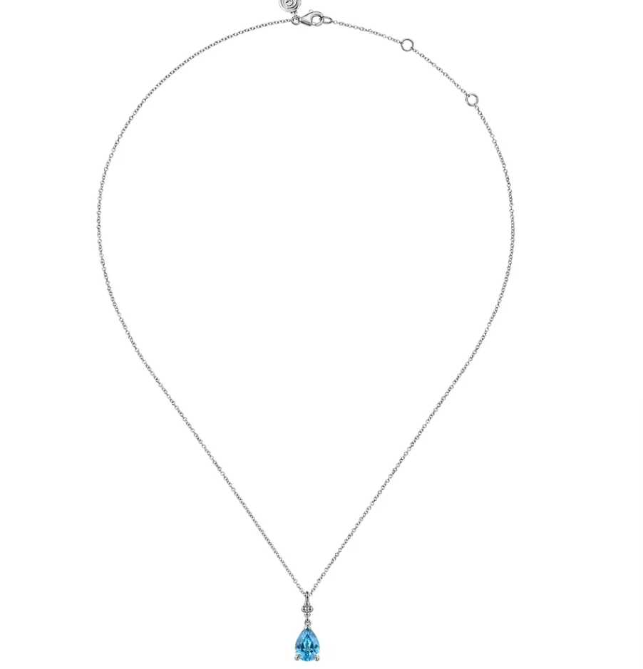 Sterling Silver Pear Blue Topaz Bujukan Pendant Necklace by Gabriel NY