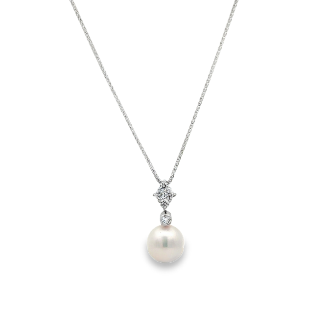 14K WG 8-8.5 Japanese Cultured Pearl & Diamond Drop Pendant Necklace Main image
