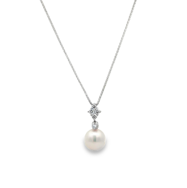 14K WG 8-8.5 Japanese Cultured Pearl & Diamond Drop Pendant Necklace