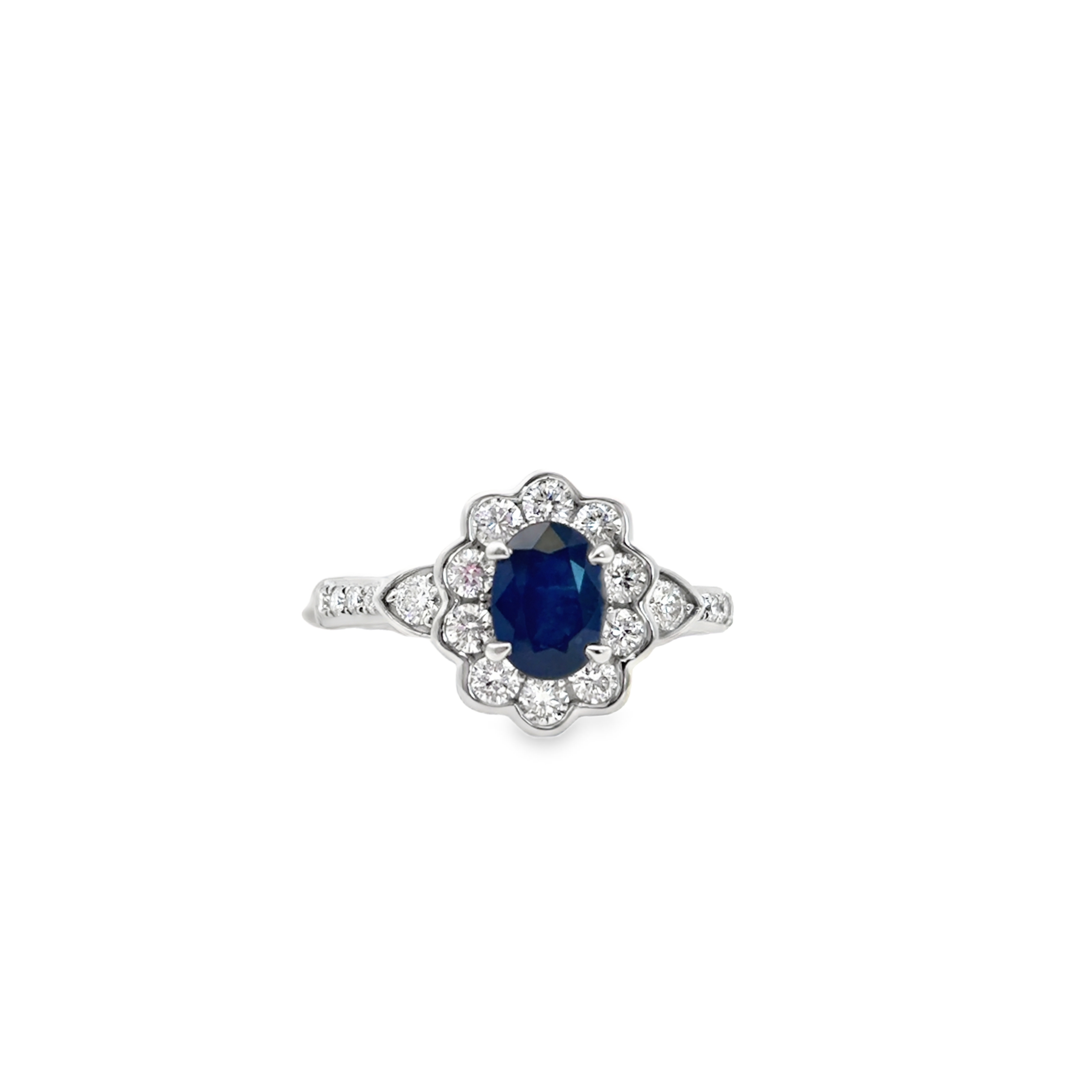 14K WG Oval 7x5 Sapphire & Diamond Halo Vintage Style Ring Main image