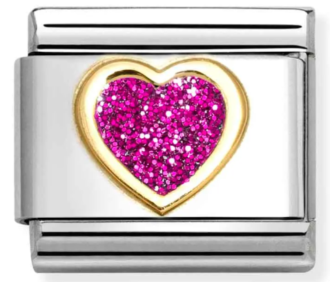 Stainless Steel & 18K Yellow Gold Fuchsia Glitter Heart Charm