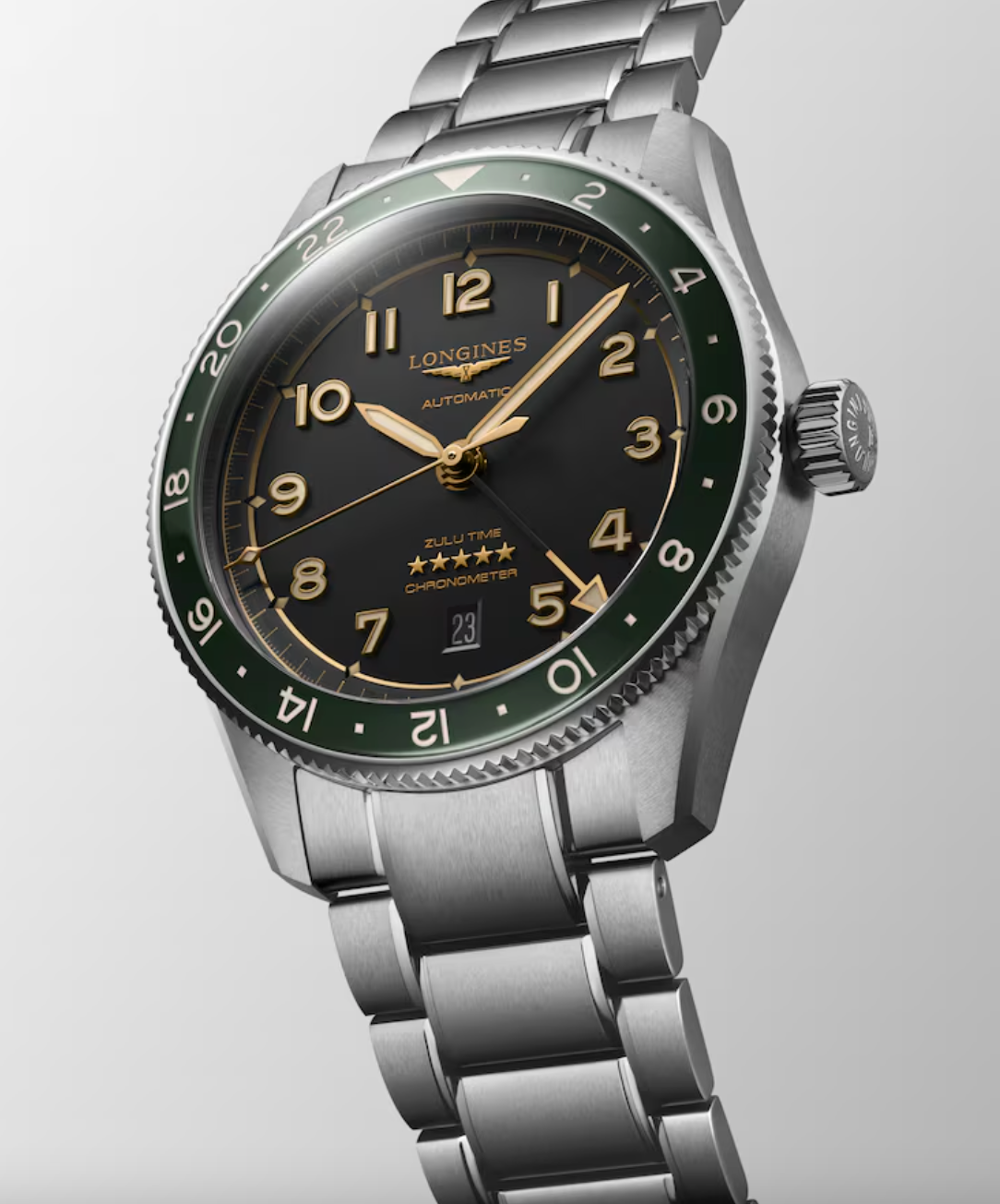 Longines Spirit Zulu Time GMT 42mm Watch with Anthracite Dial & Green Bezel