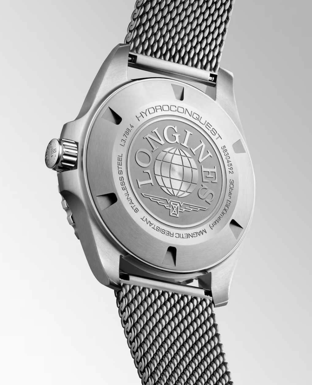 Longines HydroConquest 42mm Black Dial Watch with Blue Bezel & Mesh Bracelet