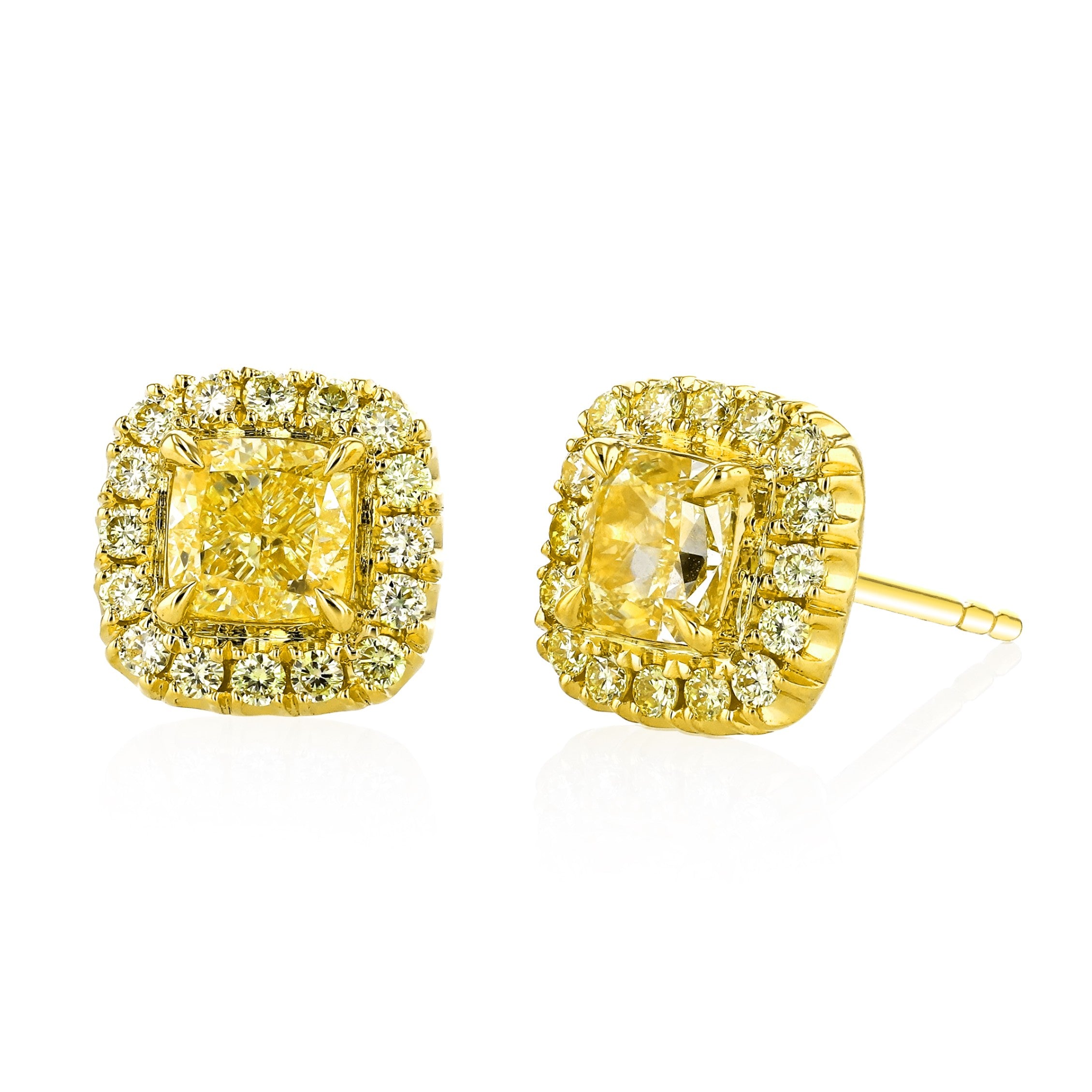 18K YG Fancy Yellow Cushion Studs with Pave Yellow Diamond Halos by Joshua J Secondary image