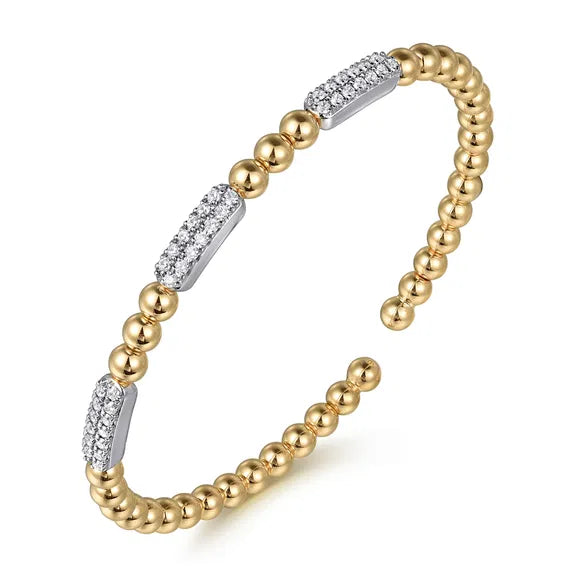 14K Two-Tone Diamond Pave Three Station Bar Bujukan Beads Split Bangle Bracelet by Gabriel NY