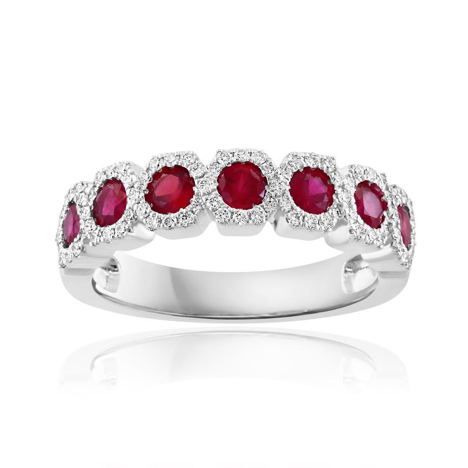 14K WG 7-Stone Ruby & Diamond Halo Band by David Kord