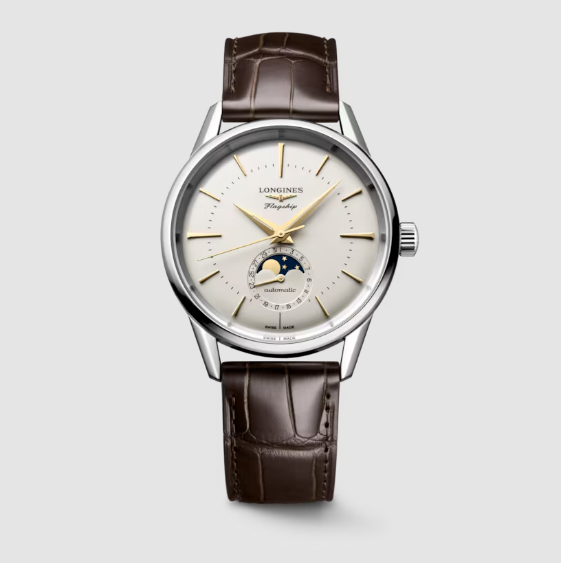 Longines Flagship Heritage Moonphase Watch with Opaline Ivory Dial & Leather Strap
