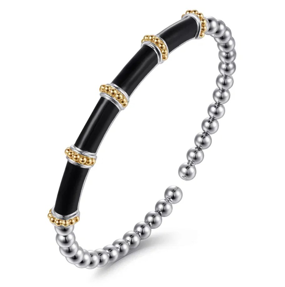 Sterling Silver/14K Bujukan Black Enamel Bar Bangle by Gabriel NY