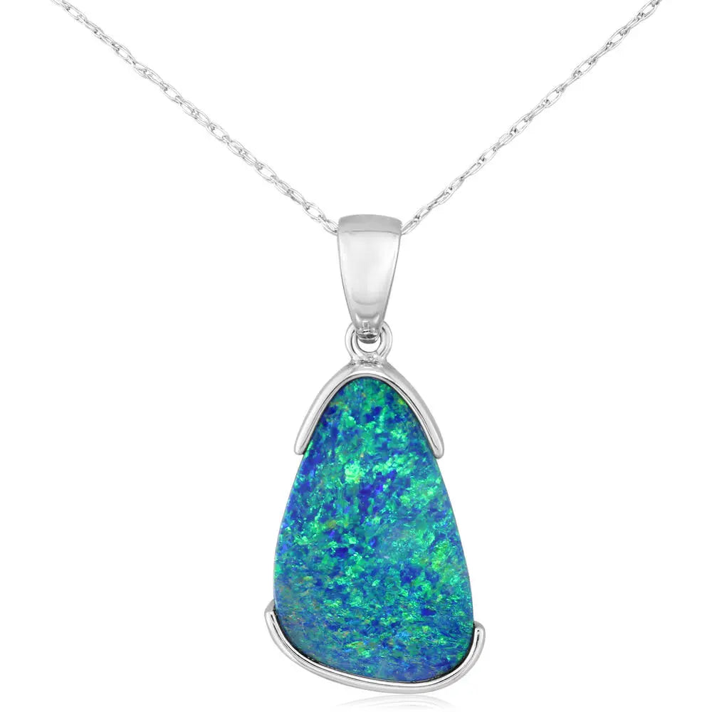 14K WG Half Bezel Set Australian Opal Doublet Pendant Necklace