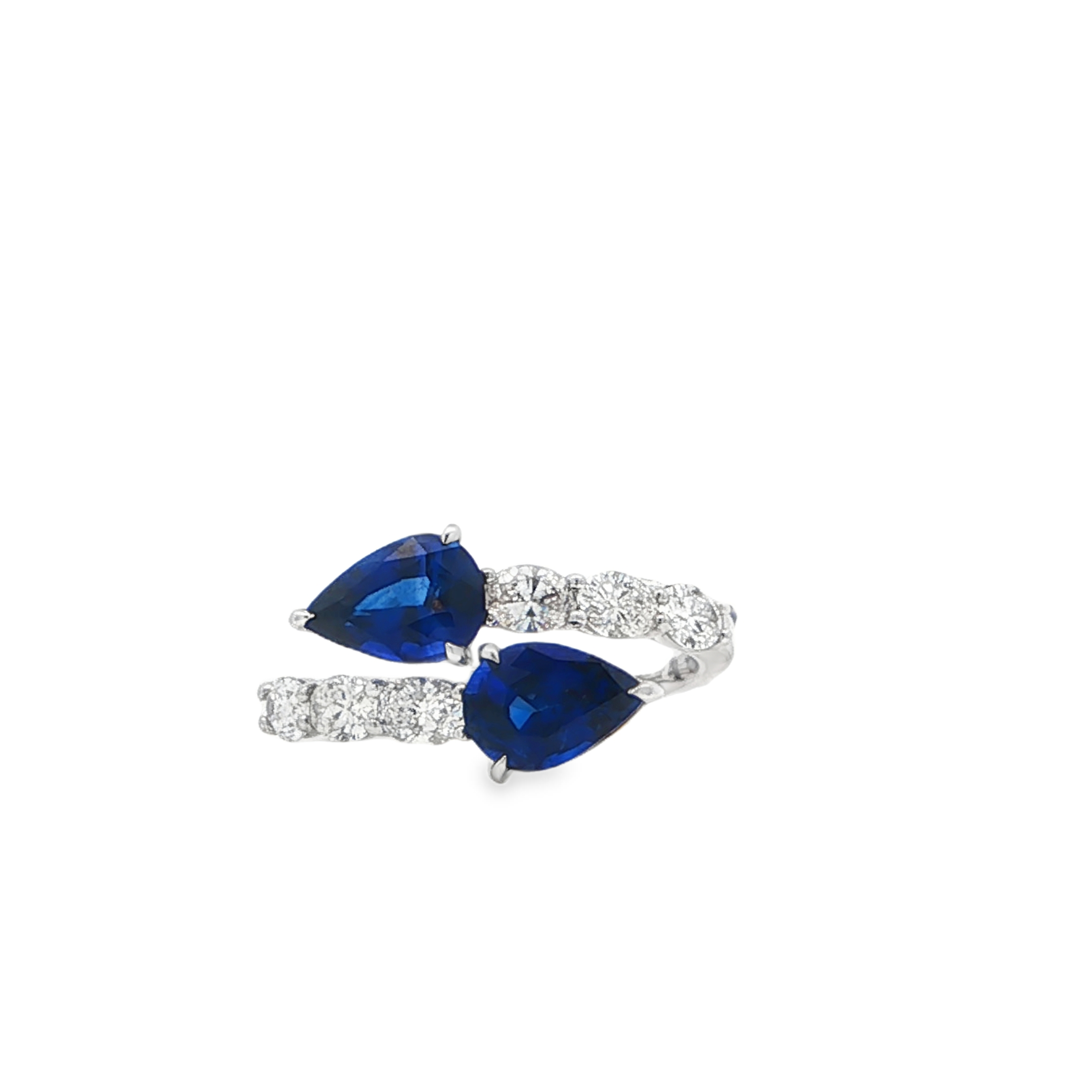 14K WG Pear Shape Sapphire & Oval Diamond Bypass Ring