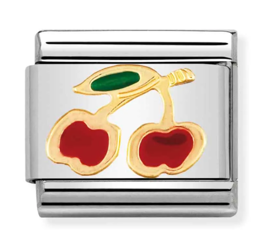 Stainless Steel & 18K Yellow Gold Cherries Charm with Red & Green Enamel
