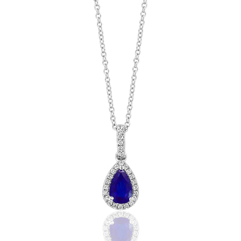 14K WG Pear Sapphire & Diamond Halo Pendant Necklace by Davide Kord Main image