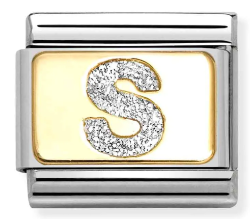 Stainless Steel & 18K Yellow Gold Glitter Letter S Initial Charm