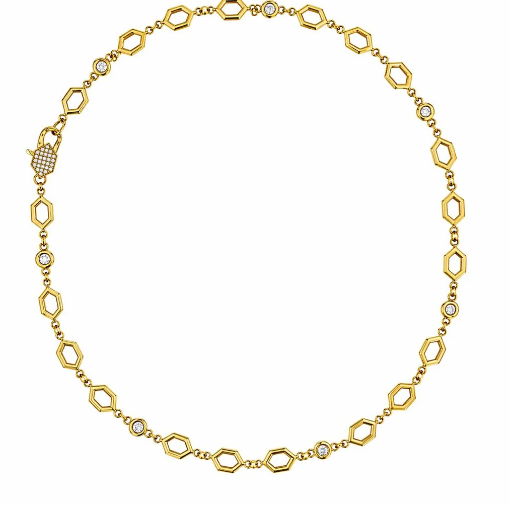 18K Yellow Gold Diamond Bezel & Hexagon Necklace w Pave Hex Clasp by Erica Courtney Secondary image