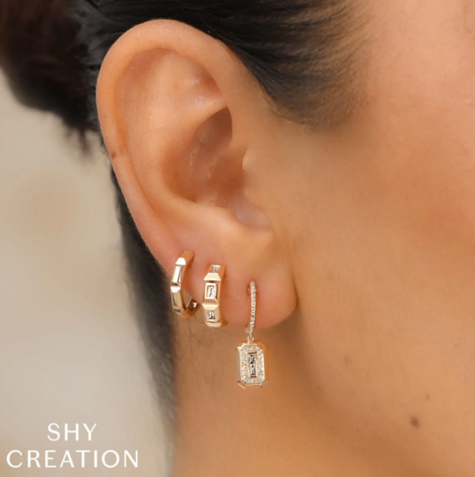 14K YG Diamond Baguette Geo Drop Huggies by Shy Creation