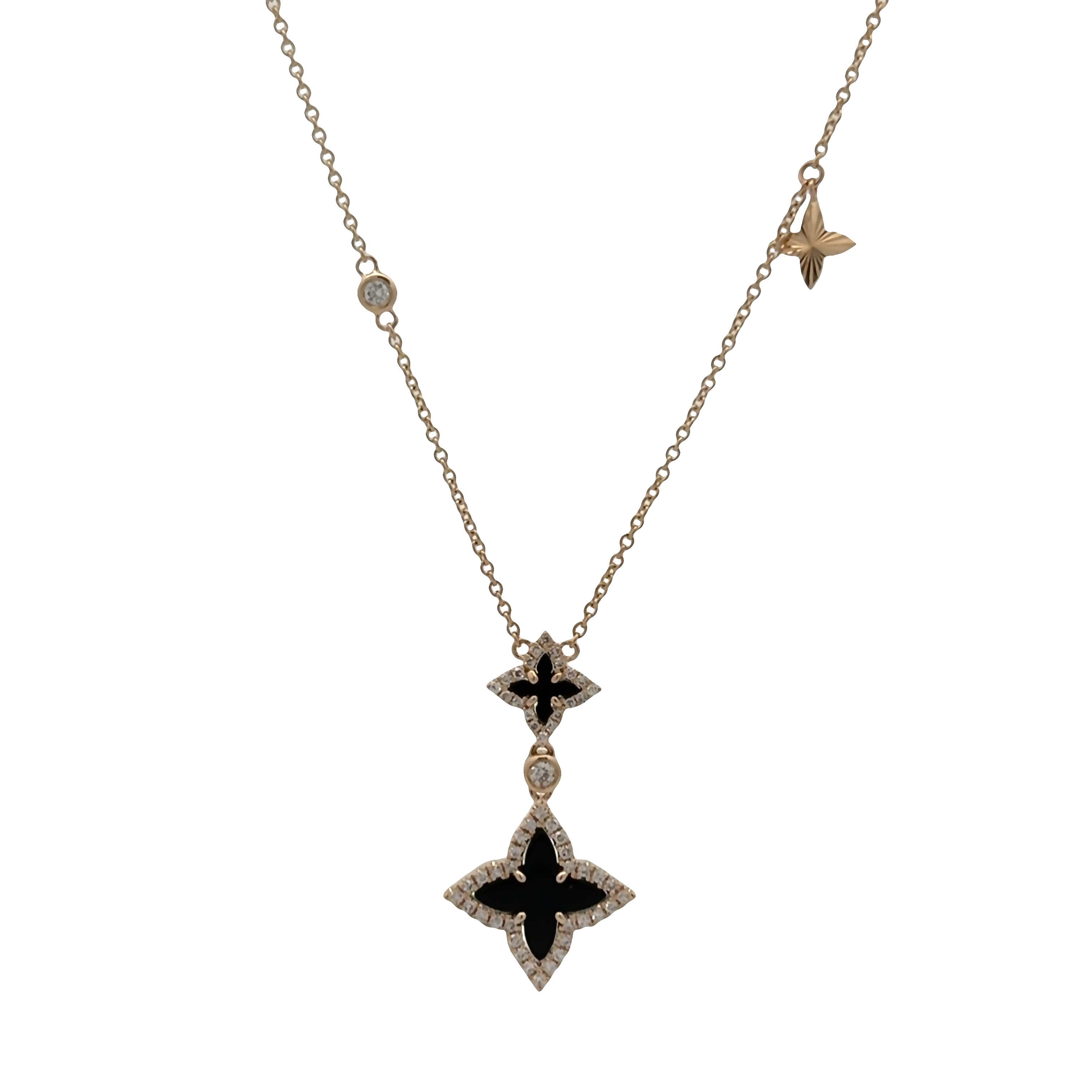14K YG Diamond & Onyx Double Flower Drop Pendant Main image