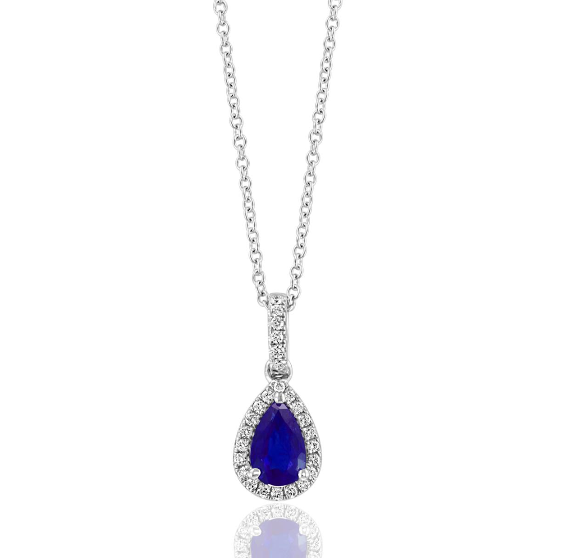 14K White Gold Pear Shape Sapphire & Diamond Halo Pendant Necklace by David Kord