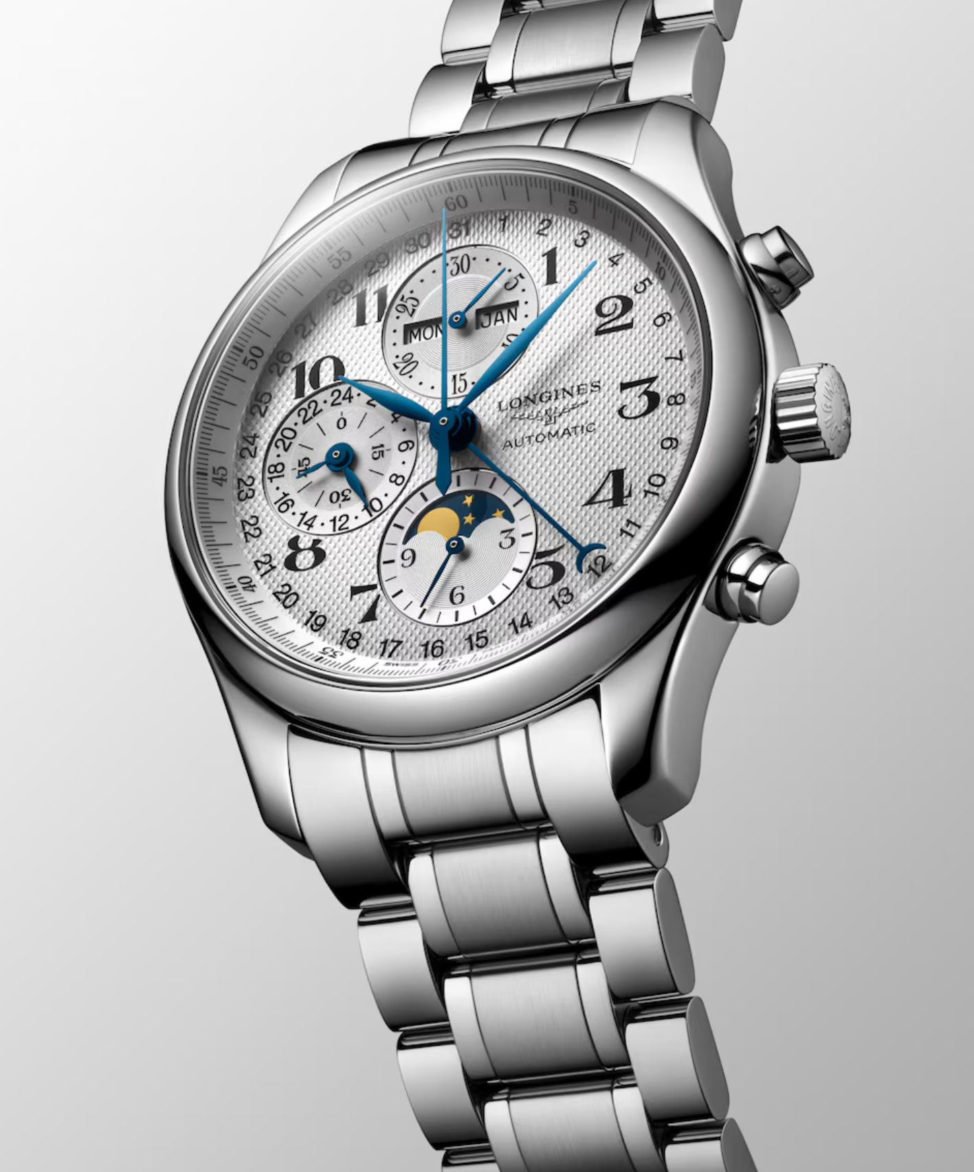 Longines Master Stainless Steel 42mm Chronograph Moonphase Watch in Silver Barleycorn