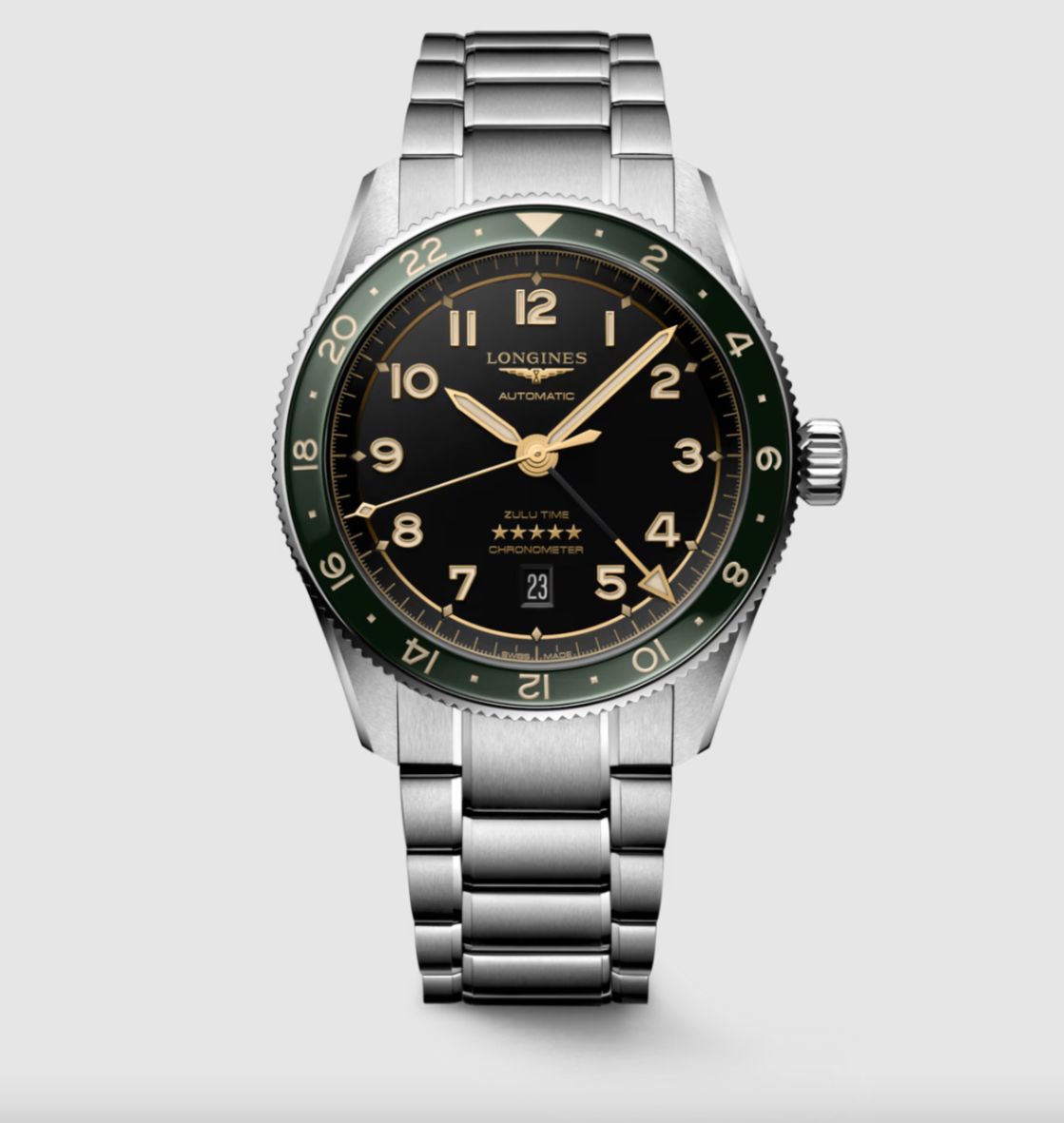 Longines Spirit Zulu Time GMT 42mm Watch with Anthracite Dial & Green Bezel