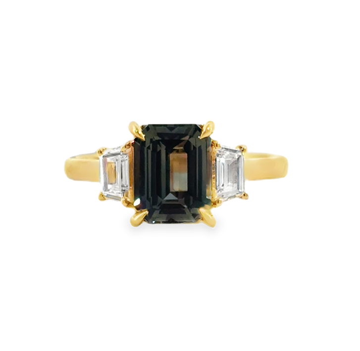 18K Yellow Gold Emerald Cut Teal Sapphire & Diamond Three-Stone Ring Main image