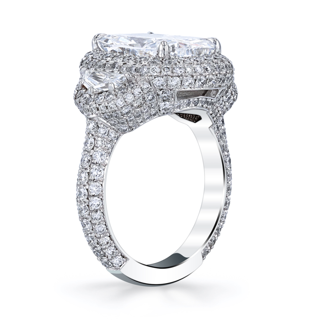 Platinum Diamond Cushion Ring with Caddy Trapezoid Sides & Micro Infinity Edge by Joshua J