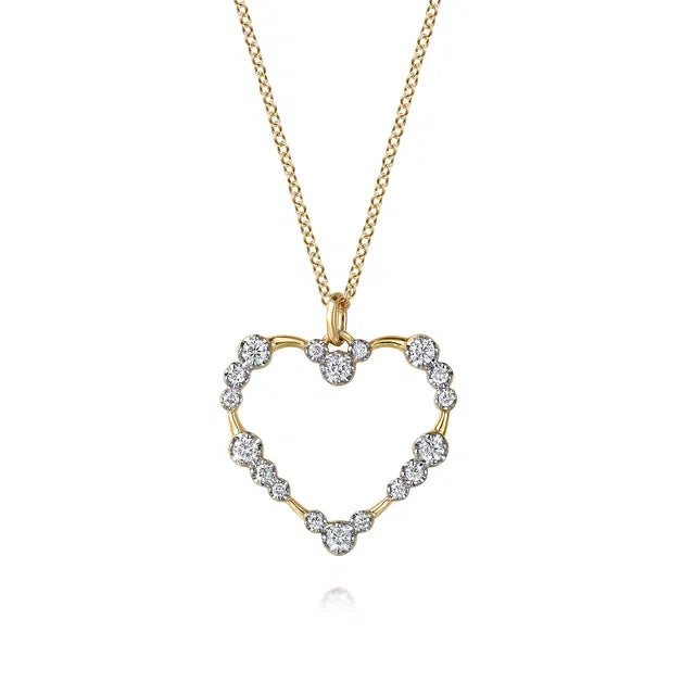 14K YG Graduated Diamond Station Heart Pendant Necklace by Gabriel NY