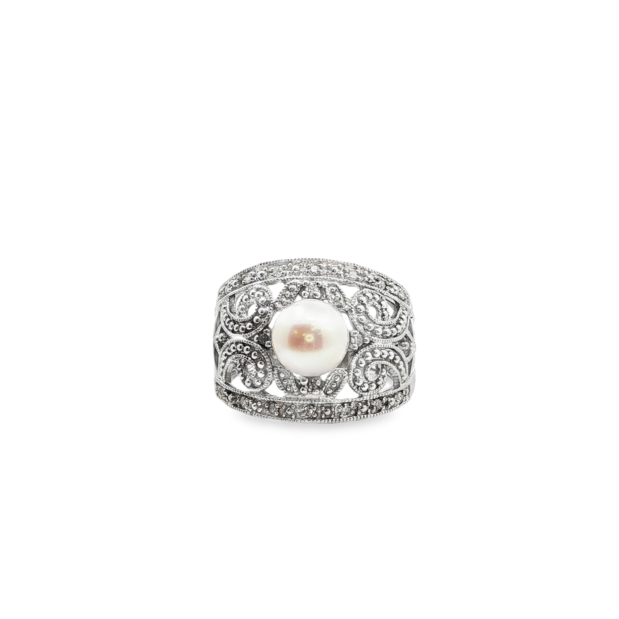 14K WG Freshwater Cultured Pearl & Diamond Wide Band *Estate Item Sold as is, Final Sale* Main image