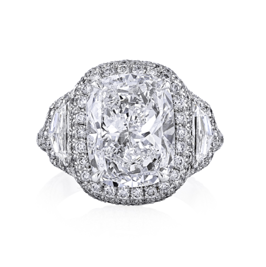 Platinum Diamond Cushion Ring with Caddy Trapezoid Sides & Micro Infinity Edge by Joshua J