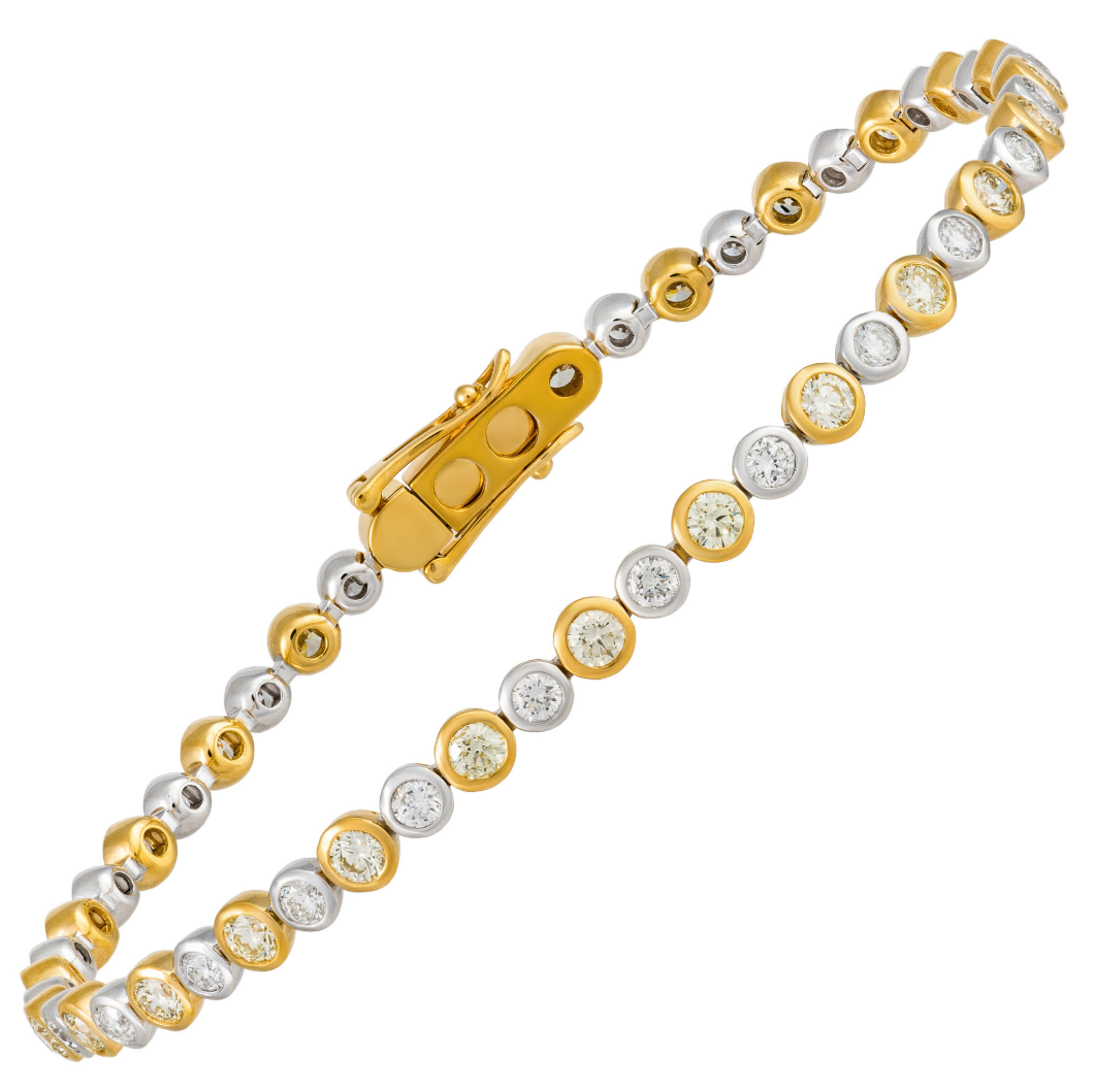 18K White-Yellow Gold Bezel Set Diamond & Yellow Diamond Tennis Bracelet