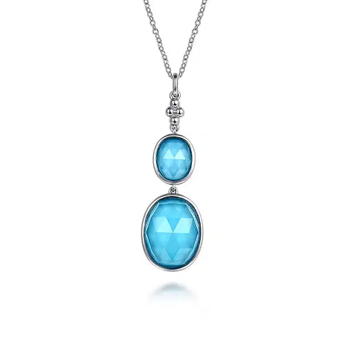 Sterling Silver Oval Shape Rock Crystal and Turquoise Bujukan Drop Necklace by Gabriel NY Main image