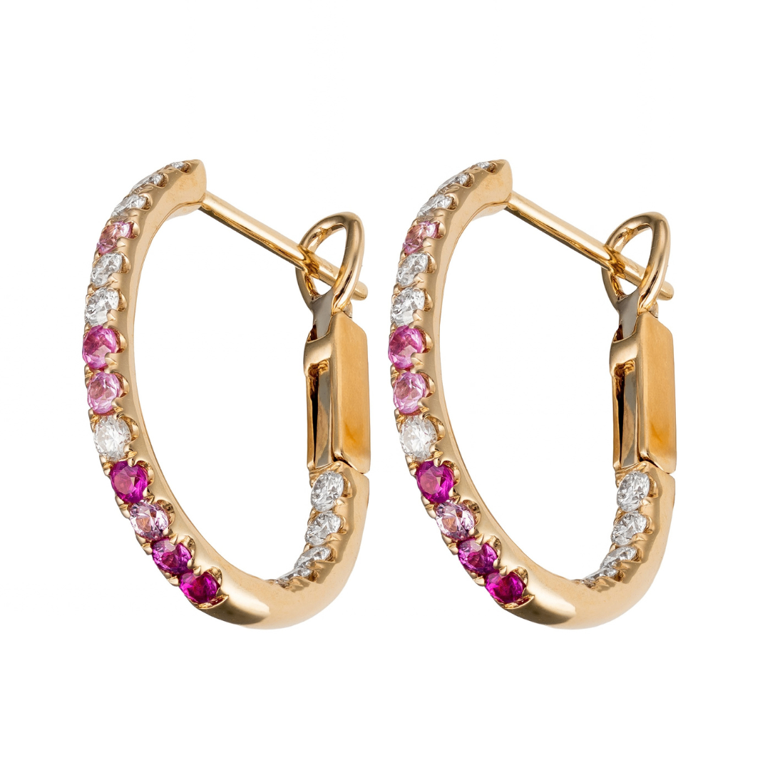 14K Yellow Gold Ombre Pink Sapphire & Diamond Inside Out Hoops by David Kord