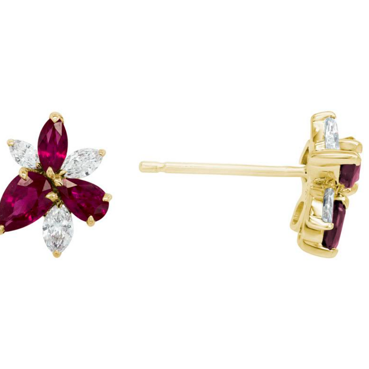 14K Yellow Gold Diamond & Ruby Fancy Shape Cluster Studs Main image