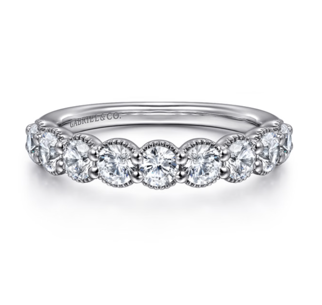 14K White Gold Round Diamond Anniversary Band with Milgrain Detail by Gabriel NY