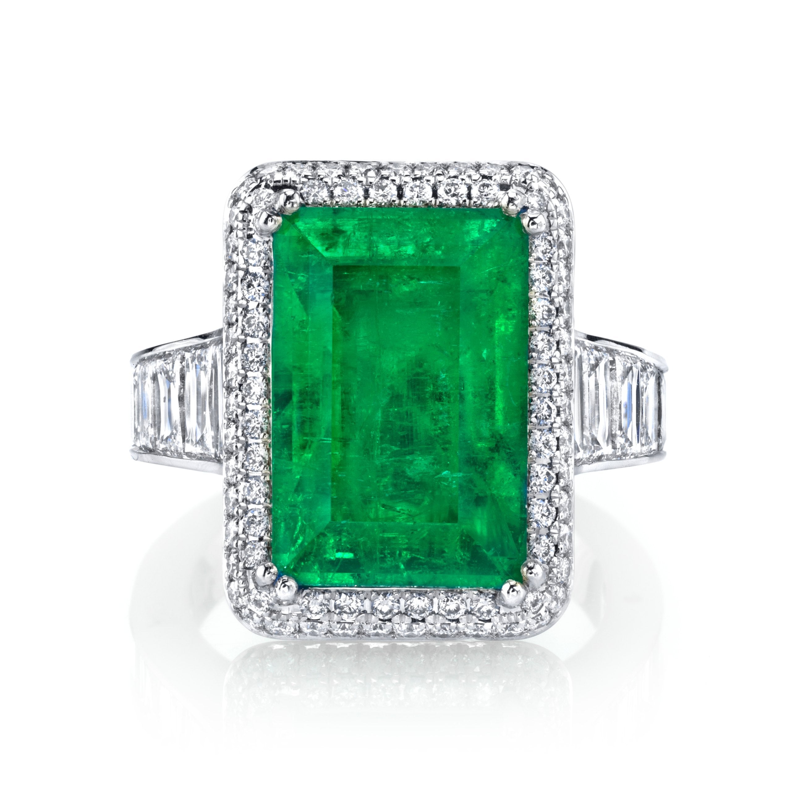 Platinum Emerald & Diamond Trapezoid Channel Sides with 2-Sided Infinity Halo Ring by Joshua J