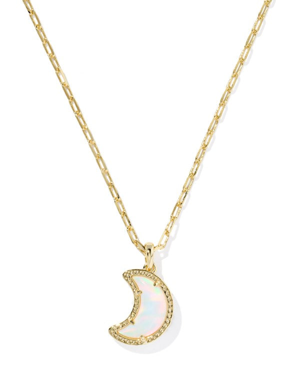 Gold Plated Moon Short Pendant Necklace in White Opalescent Resin by Kendra Scott
