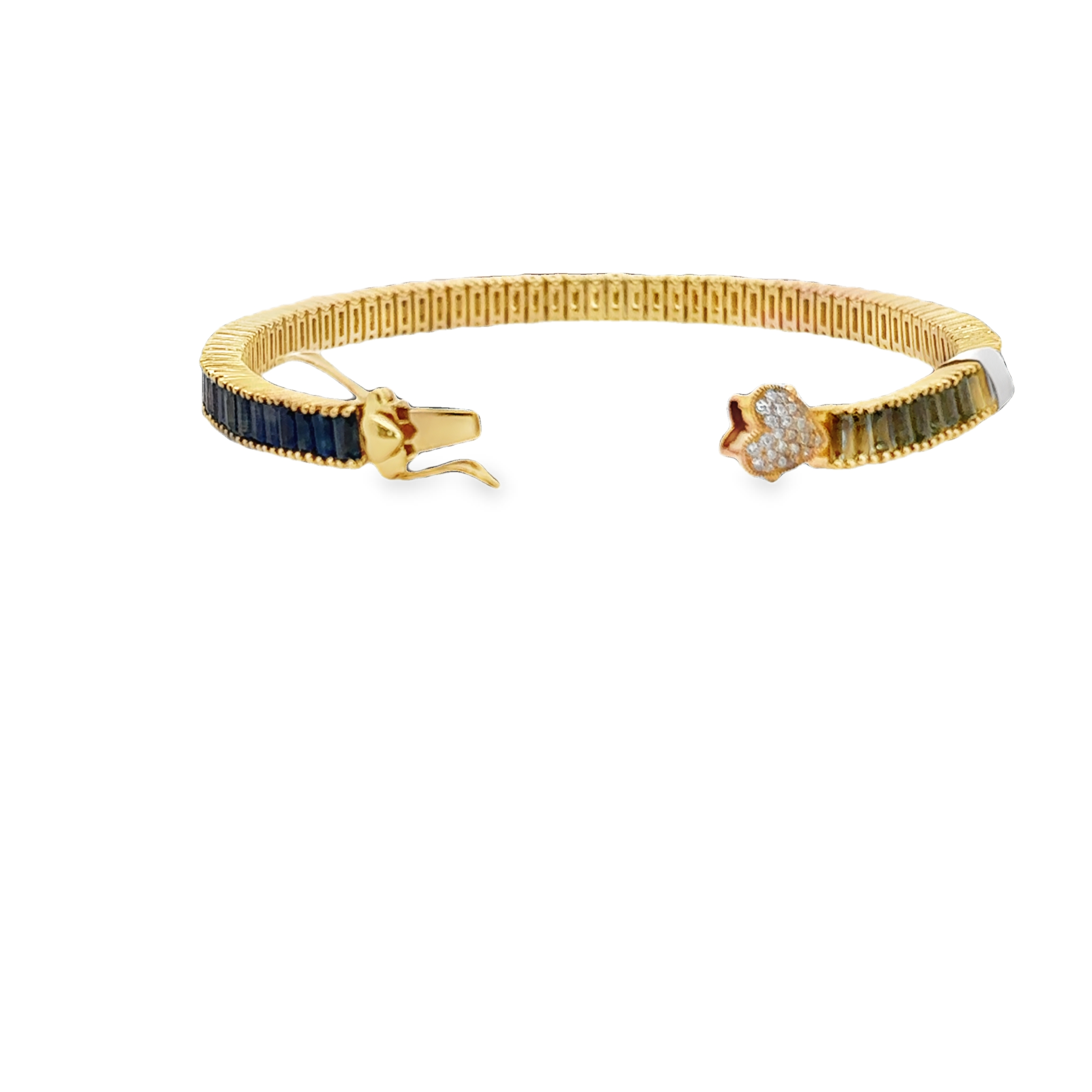18K YG Multi Color Sapphire Baguette Tennis Bracelet w Diamond Heart Clasp by Erica Courtney